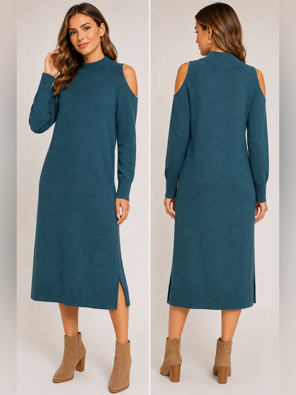 Vince Camuto Teal Cold-Shoulder Knit Midi Dress